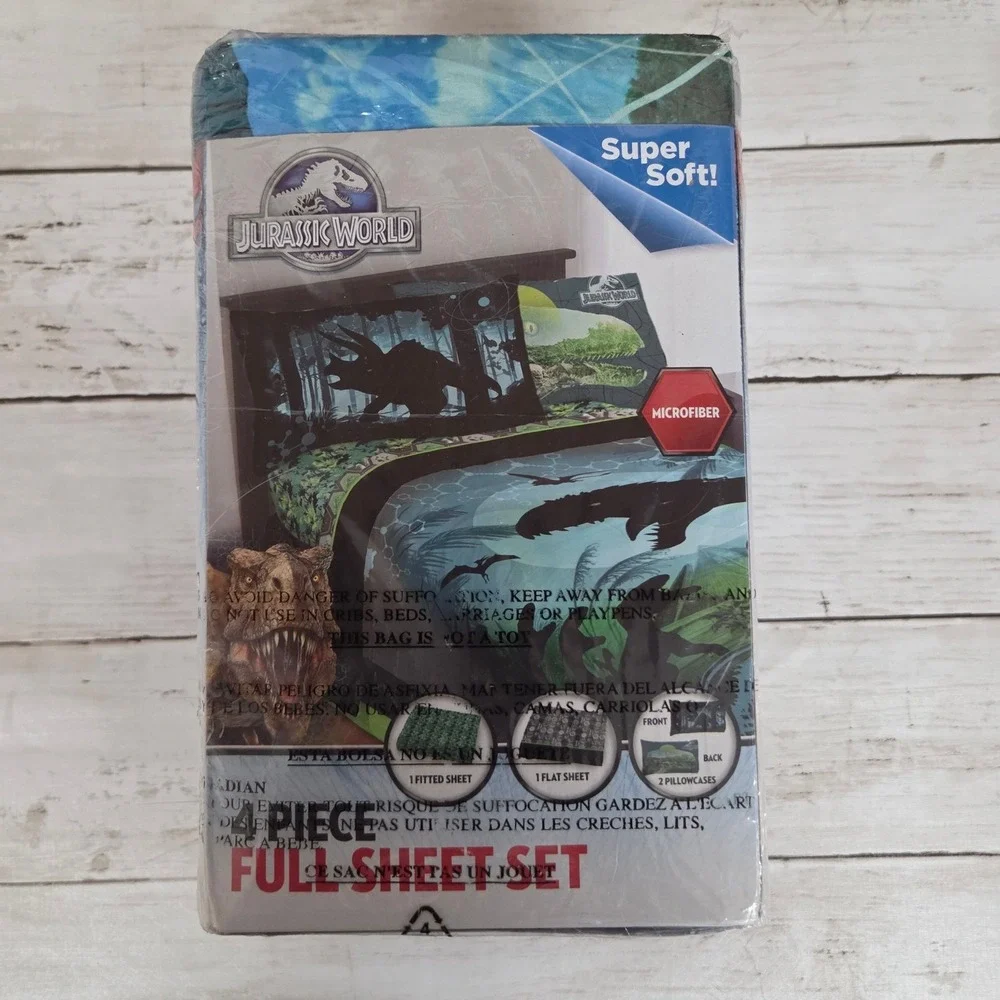 Jurassic World Sheet Set Boys Full Blue 4 Piece Microfiber Dinosaur T-Rex New